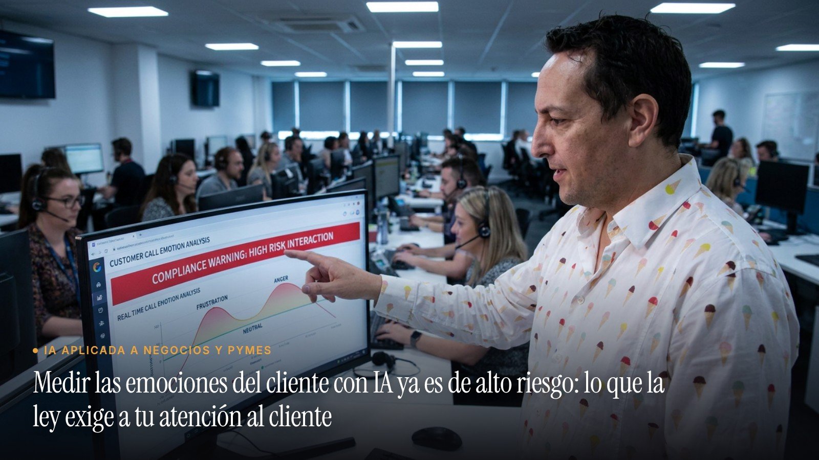 José Manuel Antelo señalando un panel de análisis de emociones de llamadas con un aviso de cumplimiento en un contact center