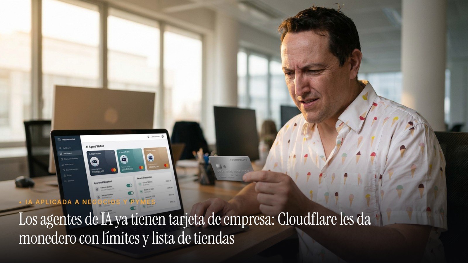 José Manuel Antelo con una tarjeta corporativa junto a un panel de monederos virtuales para agentes de IA con límites de gasto