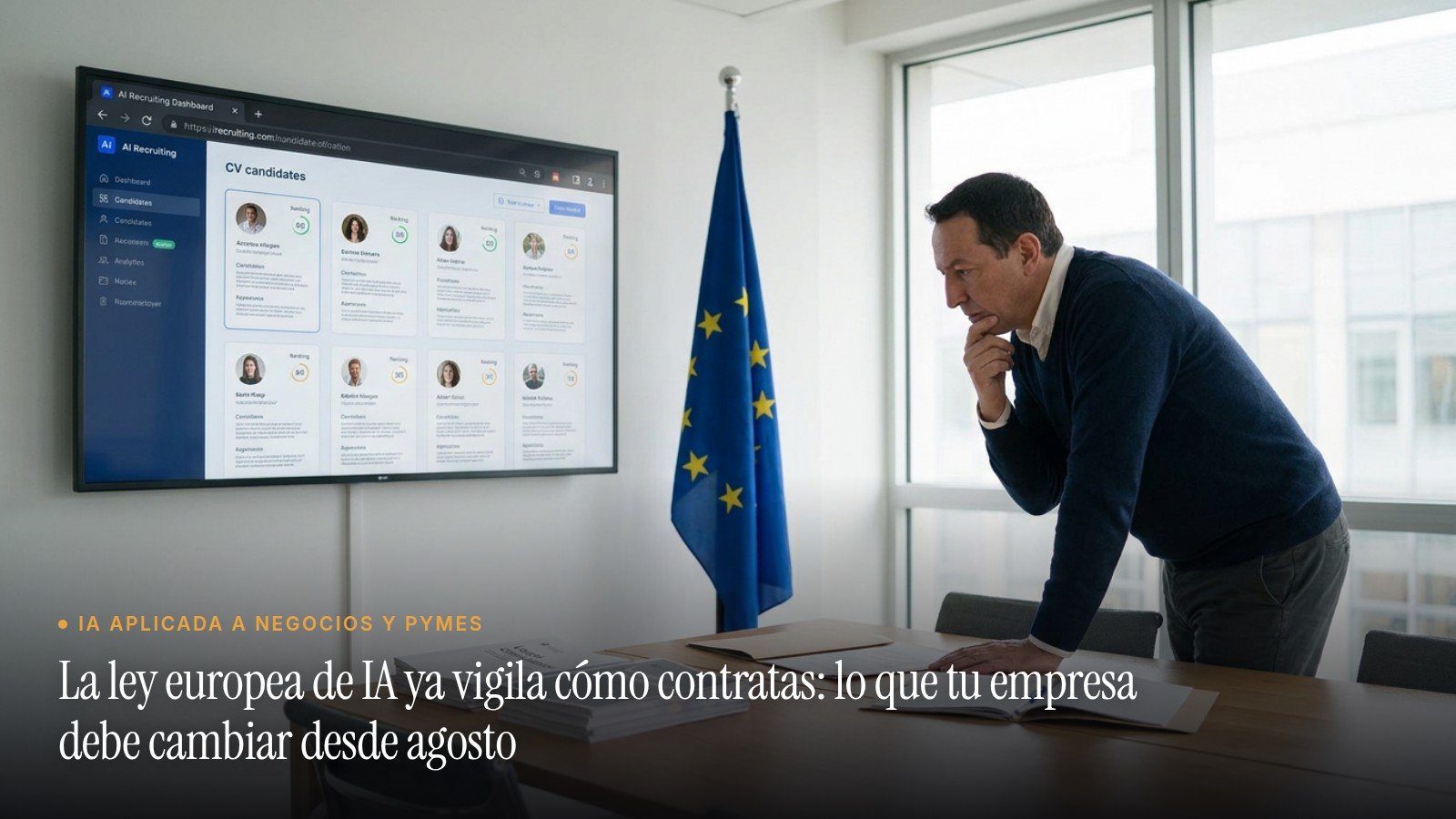 José Manuel Antelo revisando un panel de selección de candidatos con IA junto a una bandera de la Unión Europea